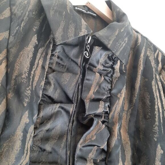 SAMUEL DONG Ruffle Front & Hem Zip-Up Front Blazer Black & Brown Abstract Sz XXS - Picture 7 of 16